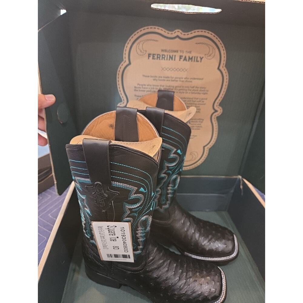 Ferrini mens cowboy Quail Ostrich Exotic Genuine Leather black square toe Boots